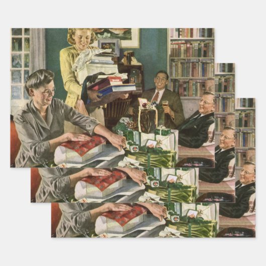 ヴィンテージクリスマス、幸せな家族がプレゼントをラッピング ラッピングペーパーシート (セット)