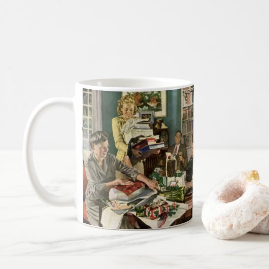 ヴィンテージクリスマス、幸せな家族のプレゼント包装 コーヒーマグカップ (ドーナツ)