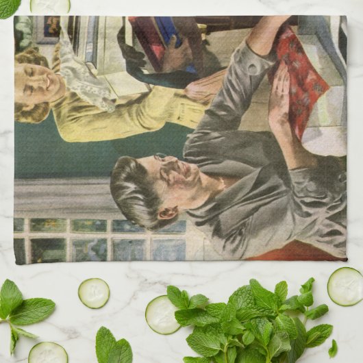 ヴィンテージクリスマス、幸せな家族ラッピングギフト キッチンタオル (折り畳み)