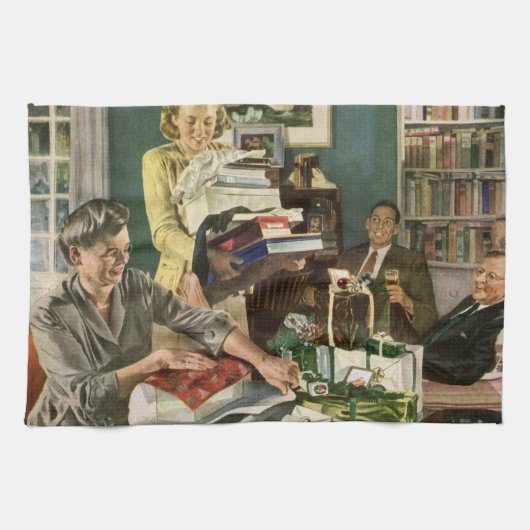 ヴィンテージクリスマス、幸せな家族ラッピングギフト キッチンタオル (横)