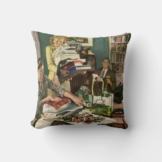 ヴィンテージクリスマス、幸せな家族ラッピングギフト クッション (正面)