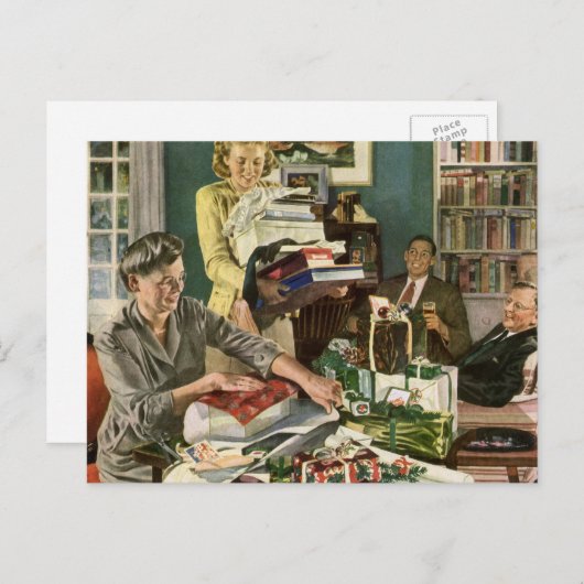 ヴィンテージクリスマス、幸せな家族ラッピングギフト シーズンポストカード (正面/裏面)