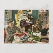 ヴィンテージクリスマス、幸せな家族ラッピングギフト シーズンポストカード (正面)