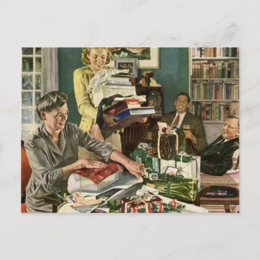 ヴィンテージクリスマス、幸せな家族ラッピングギフト シーズンポストカード (正面)