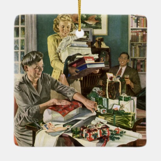 ヴィンテージクリスマス、幸せな家族ラッピングギフト セラミックオーナメント (裏面)