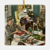 ヴィンテージクリスマス、幸せな家族ラッピングギフト セラミックオーナメント (正面)
