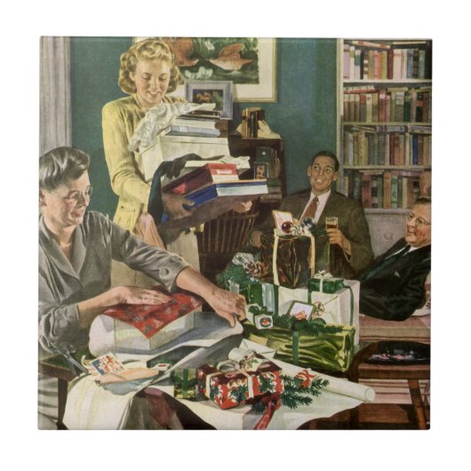 ヴィンテージクリスマス、幸せな家族ラッピングギフト タイル (正面)