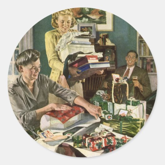 ヴィンテージクリスマス、幸せな家族ラッピングギフト ラウンドシール (正面)