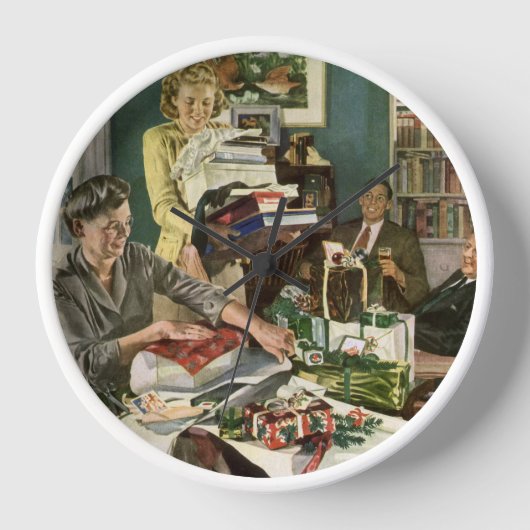ヴィンテージクリスマス、幸せな家族ラッピングギフト 壁時計 (正面)