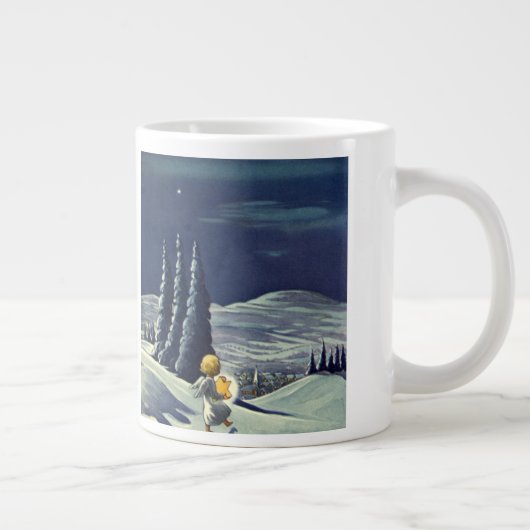 ヴィンテージクリスマス、星を持つ雪の天使の散歩 ジャンボコーヒーマグカップ (右)