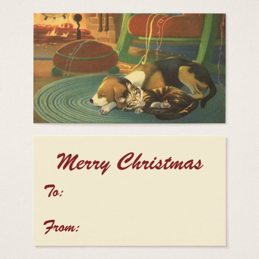 ヴィンテージクリスマス、暖炉で眠っている動物 (正面&裏面)