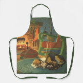 ヴィンテージクリスマス、暖炉で眠っている動物 エプロン (正面)