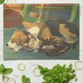 ヴィンテージクリスマス、暖炉で眠っている動物 キッチンタオル (折り畳み)