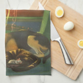 ヴィンテージクリスマス、暖炉で眠っている動物 キッチンタオル (四つ折り)