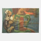 ヴィンテージクリスマス、暖炉で眠っている動物 キッチンタオル (横)