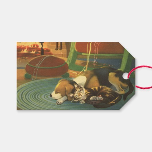 ヴィンテージクリスマス、暖炉で眠っている動物 ギフトタグ (正面(横))