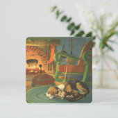 ヴィンテージクリスマス、暖炉で眠っている動物 シーズンカード (スタンド正面)