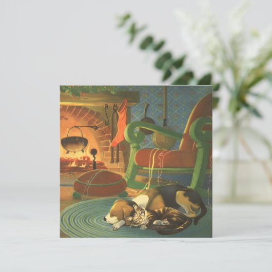 ヴィンテージクリスマス、暖炉で眠っている動物 シーズンカード (スタンド正面)