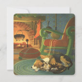 ヴィンテージクリスマス、暖炉で眠っている動物 シーズンカード (正面)