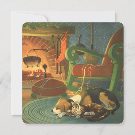 ヴィンテージクリスマス、暖炉で眠っている動物 シーズンカード (正面)