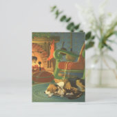 ヴィンテージクリスマス、暖炉で眠っている動物 シーズンポストカード (スタンド正面)