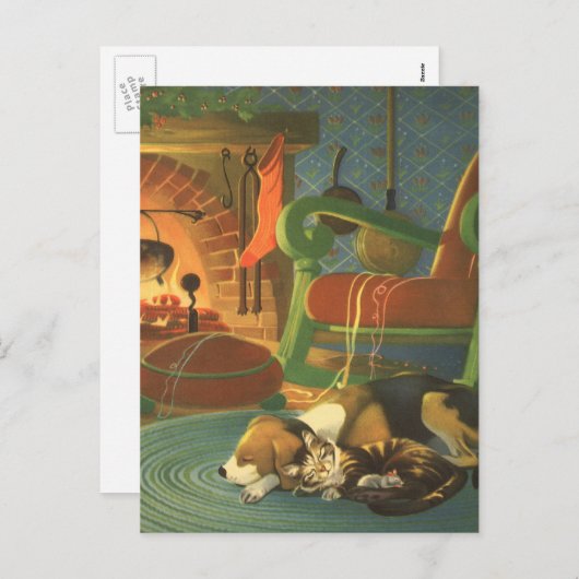 ヴィンテージクリスマス、暖炉で眠っている動物 シーズンポストカード (正面/裏面)