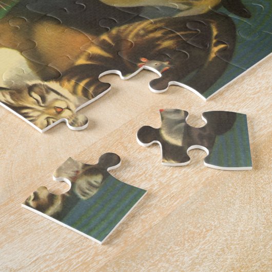 ヴィンテージクリスマス、暖炉で眠っている動物 ジグソーパズル (側面)