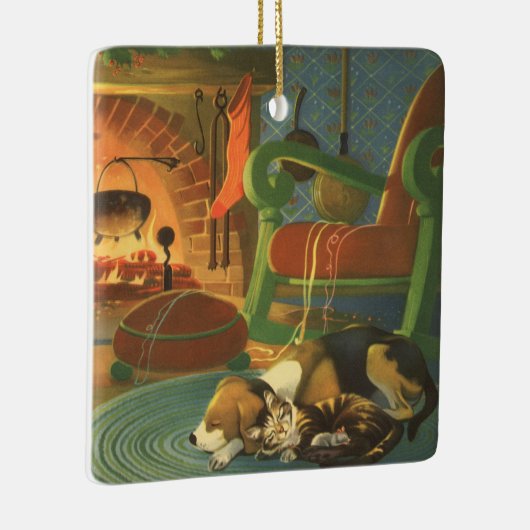 ヴィンテージクリスマス、暖炉で眠っている動物 セラミックオーナメント (右)