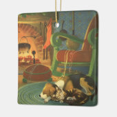ヴィンテージクリスマス、暖炉で眠っている動物 セラミックオーナメント (左)