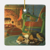ヴィンテージクリスマス、暖炉で眠っている動物 セラミックオーナメント (裏面)
