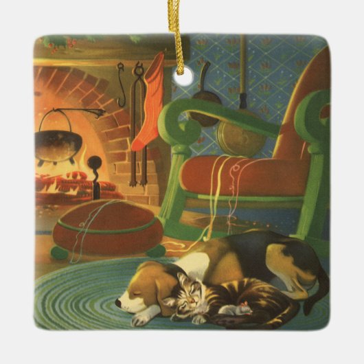 ヴィンテージクリスマス、暖炉で眠っている動物 セラミックオーナメント (正面)