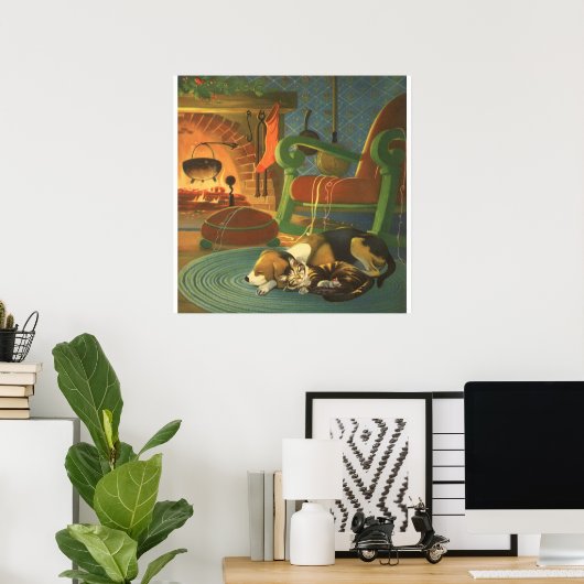 ヴィンテージクリスマス、暖炉で眠っている動物 ポスター (ホームオフィス)