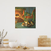 ヴィンテージクリスマス、暖炉で眠っている動物 ポスター (キッチン)