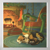 ヴィンテージクリスマス、暖炉で眠っている動物 ポスター (正面)