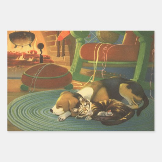 ヴィンテージクリスマス、暖炉で眠っている動物 ラッピングペーパーシート (正面3)
