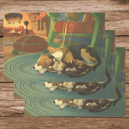 ヴィンテージクリスマス、暖炉で眠っている動物 ラッピングペーパーシート