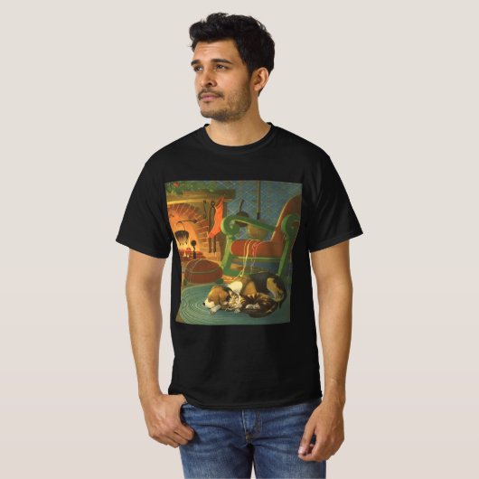 ヴィンテージクリスマス、暖炉で眠っている動物 Tシャツ (正面フル)