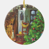 ヴィンテージクリスマス、暖炉のあるコジーなログキャビン セラミックオーナメント (裏面)