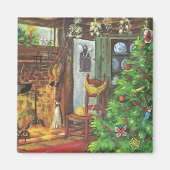 ヴィンテージクリスマス、暖炉のあるコジーなログキャビン マグネット (正面)