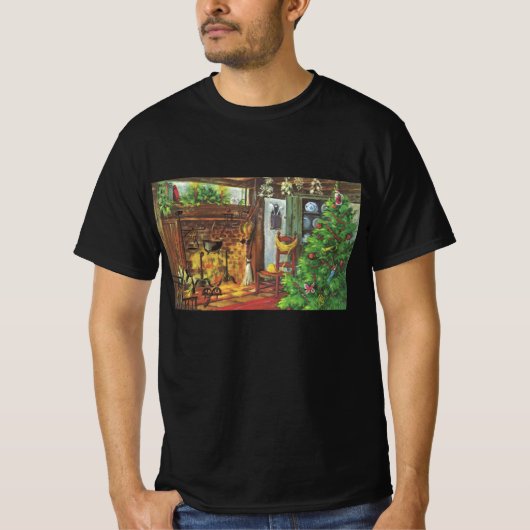 ヴィンテージクリスマス、暖炉のあるコジーなログキャビン Tシャツ (正面)