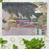 ヴィンテージクリスマス、木の上に家族のストリングライト キッチンタオル (折り畳み)