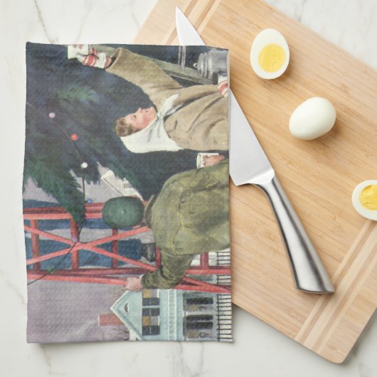 ヴィンテージクリスマス、木の上に家族のストリングライト キッチンタオル (四つ折り)