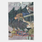 ヴィンテージクリスマス、木の上に家族のストリングライト キッチンタオル (縦)