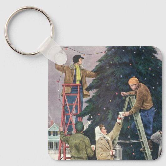 ヴィンテージクリスマス、木の上に家族のストリングライト キーホルダー (正面)