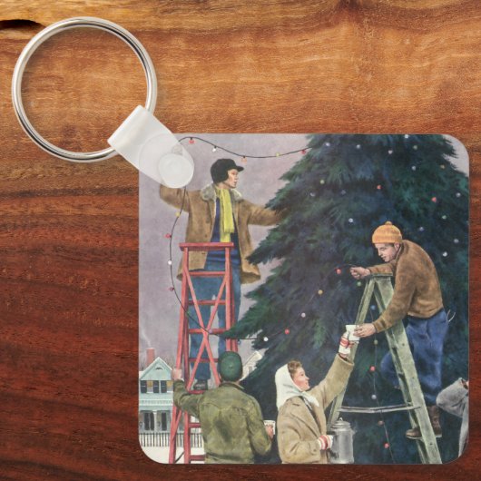 ヴィンテージクリスマス、木の上に家族のストリングライト キーホルダー (正面)