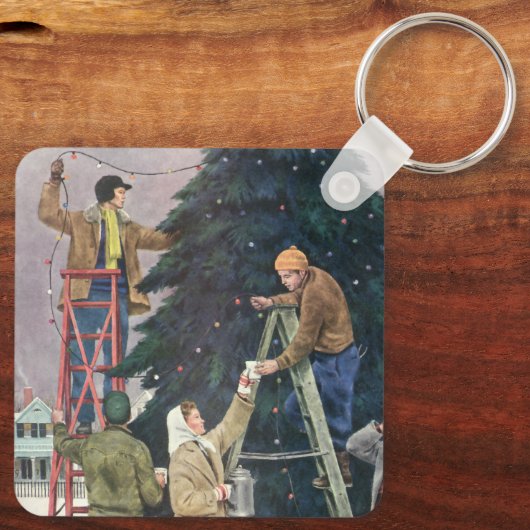 ヴィンテージクリスマス、木の上に家族のストリングライト キーホルダー (裏面)