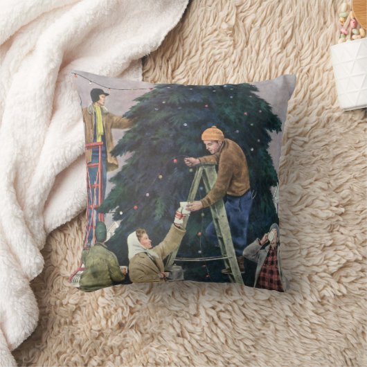 ヴィンテージクリスマス、木の上に家族のストリングライト クッション (ブランケット)