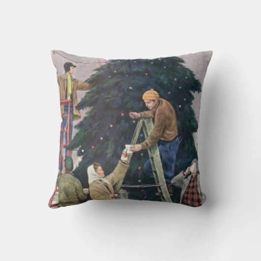 ヴィンテージクリスマス、木の上に家族のストリングライト クッション (裏面)