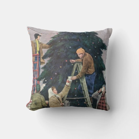 ヴィンテージクリスマス、木の上に家族のストリングライト クッション (正面)