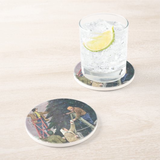 ヴィンテージクリスマス、木の上に家族のストリングライト コースター (側面)